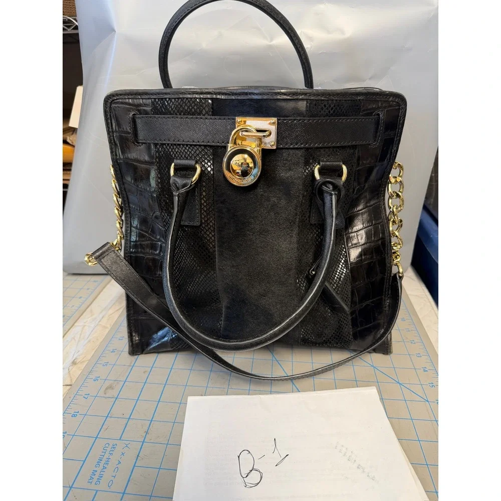 Michael Kors Hamilton Black Mixed Media Calf Hair Croc Embossed Leather Tote Bag